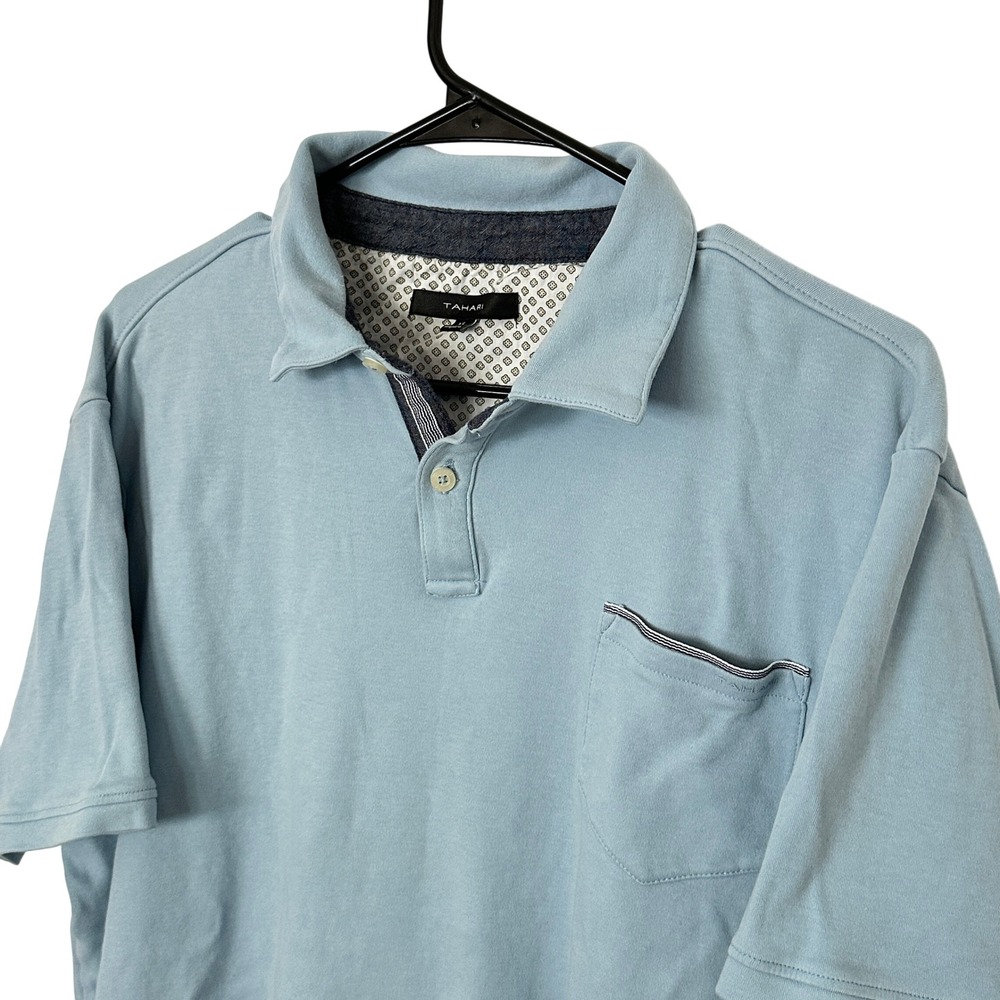 Tahari Mens XL Light Blue Cotton Short Sleeve Polo Shirt Chest Pocket RN 157550
